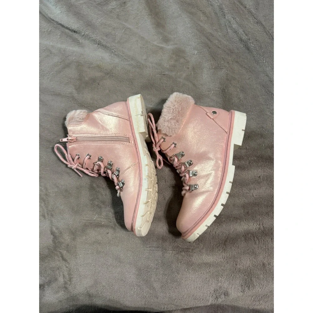 DREAM PAIRS Pink Girl Kid Side Zipper Lace up Faux Fur Ankle Size 2 Warm Sparkle